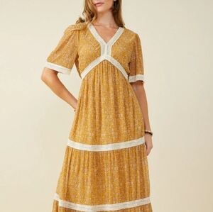 Elegant Mustard Floral Maxi Dress with Lace Accents